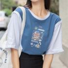Short-sleeve Contrast Trim Bear Print T-shirt