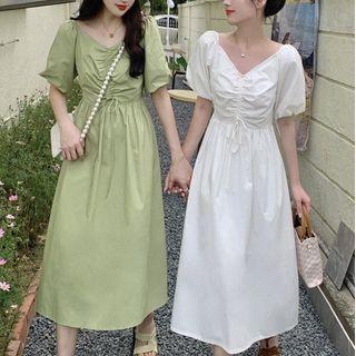 Puff Sleeve V-neck Drawstring A-line Dress