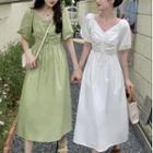 Puff Sleeve V-neck Drawstring A-line Dress