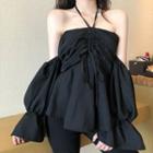 Plain Off-shoulder Bell-sleeve Loose-fit Blouse