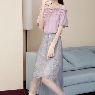 Set: Short-sleeve Cold Shoulder Top + Overlay Midi Skirt