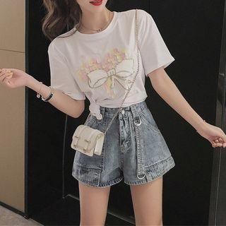 Set: Sequined Bow Short-sleeve T-shirt + Denim Wide-leg Shorts