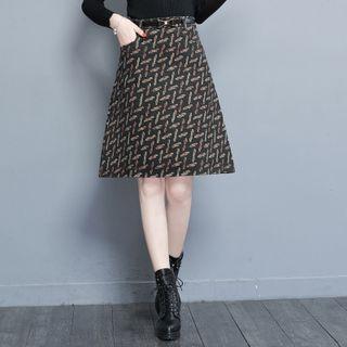 Set: Mock-neck Knit Top + Print Midi A-line Skirt