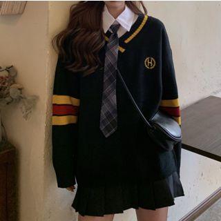 Plain Shirt With Necktie / Striped Sweater / Pleated Skirt