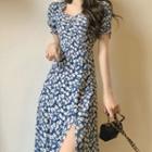 Short-sleeve Floral Print Slit-hem A-line Midi Dress