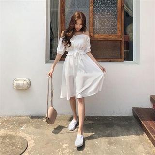 Off-shoulder Tie-waist A-line Dress