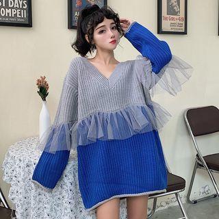 Two-tone Mesh Panel Long-sleeve Knit Top