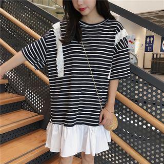 Elbow-sleeve Striped Frill-trim Dress