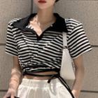 Short-sleeve Striped Polo Shirt Black & White - One Size