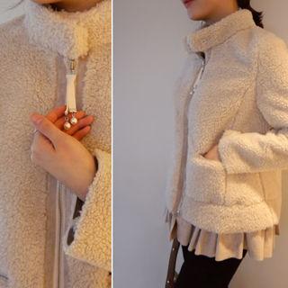 High-neck Frill-hem Faux-shearling Jacket