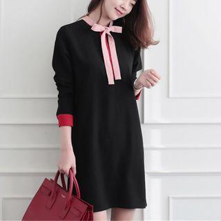 Bow Long-sleeved Plain Sheath Dress