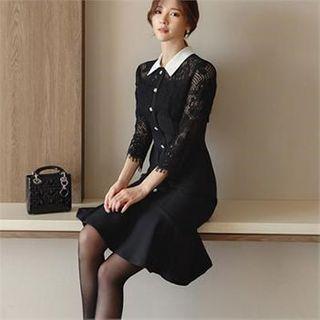 Contrast-collar Lace-panel Dress