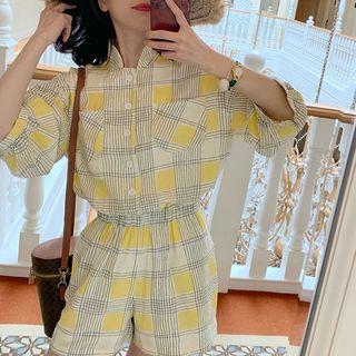 Short-sleeve Plaid Jumpsuit