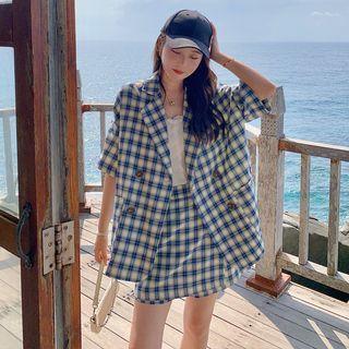 Set: Short Sleeve Plaid Double Breasted Blazer + Mini Skort