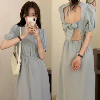 Plain Open Back A-line Dress Blue - One Size