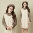 Mock Two-piece Plaid Panel Long-sleeve Knit Dress Almond - One Size