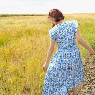 Pleated-sleeve Gathered-waist Floral Dress