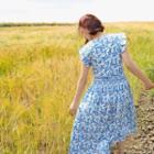 Pleated-sleeve Gathered-waist Floral Dress