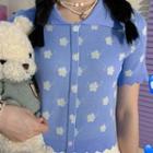 Floral Patterned Short-sleeve Knit Shirt Blue - One Size