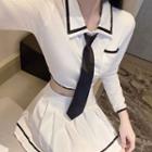 Collared Cropped T-shirt With Necktie / Pleated Mini A-line Skirt / Set