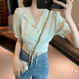 Short-sleeve Drawstring Plain Cropped Blouse
