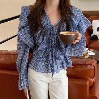 Plaid Ruffle Blouse Plaid - Blue - One Size