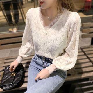 Lantern-sleeve V-neck Lace Top