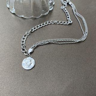 Coin Pendant Layered Chain Necklace Silver - One Size