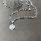Coin Pendant Layered Chain Necklace Silver - One Size