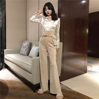 Satin Long-sleeve Top / Wide-leg Pants With Belt