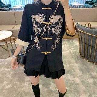 Dragon Embroidered Chinese Style Button Top As Figure - One Size