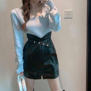Square-neck Sweater / Faux Leather A-line Skirt