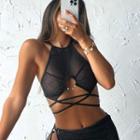 Halter-neck Mesh Cross-strap Crop Tank Top
