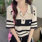 Elbow-sleeve Polo Neck Striped Knit Top Black & Beige - One Size