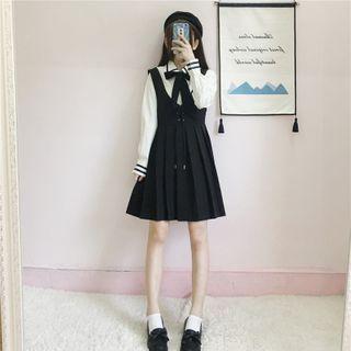 Contrast Trim Shirt / Pleated Mini A-line Pinafore Dress