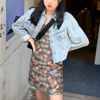 Spaghetti Strap Floral Print A-line Dress / Denim Jacket