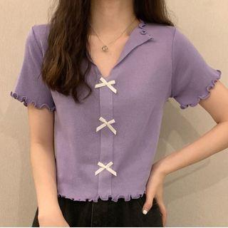 Ruffle Trim Bow-accent Short-sleeve Top