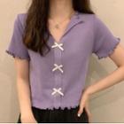 Ruffle Trim Bow-accent Short-sleeve Top