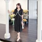 Short-sleeve V-neck Dotted Loose-fit Midi Dress