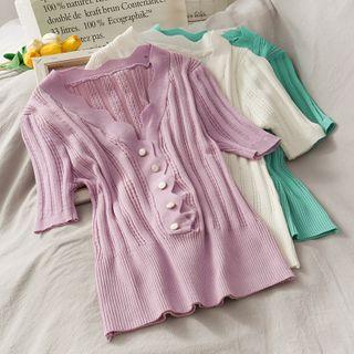 Wave-trim V-neck Light Knit Top