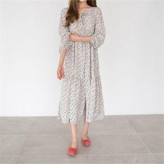 Tie-neck Tiered Floral Long Dress