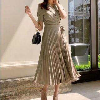Notch Lapel Pleated Midi A-line Dress