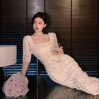 Square-neck Plain Lace A-line Dress