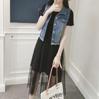 Set: Short-sleeve Mesh Panel Dress + Denim Vest