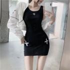 Sleeveless Print Mini Bodycon Dress / Cropped Hooded Jacket