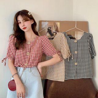 Short-sleeve Gingham Button-up Blouse