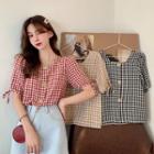 Short-sleeve Gingham Button-up Blouse