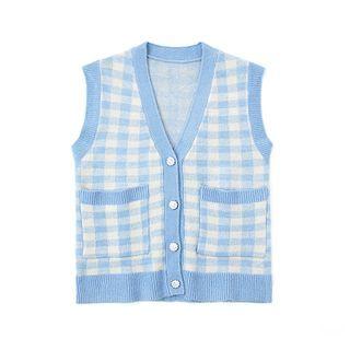 Gingham Single-breasted Knit Vest