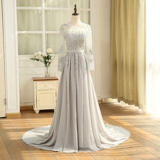 Long-sleeve Trained A-line Evening Gown