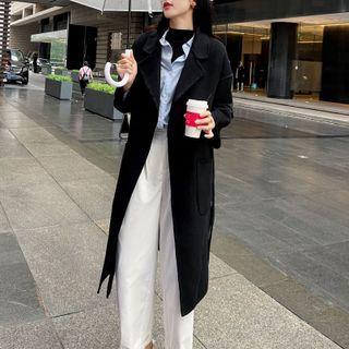 Notch Lapel Tie-waist Plain Coat